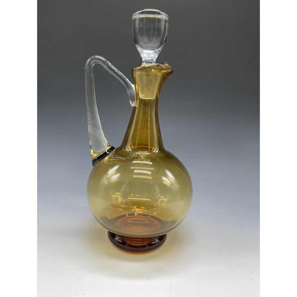Vintage Clear Handle Amber Glass Pitcher Art Hand Blown 12” Decanter Decorative - Picture 8 of 8